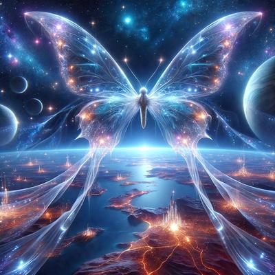 Primary subject: A butterfly with wings spread, flying in the sky.

Setting/background: The butterfly is flying in front of a backdrop of a planet, with a blue sky and stars in the background.

Visual style: The image is a digital art or illustration, featuring a butterfly with wings spread and a planet in the background.

Colors and mood: The image has a vibrant and lively atmosphere, with the butterfly's wings and the blue sky